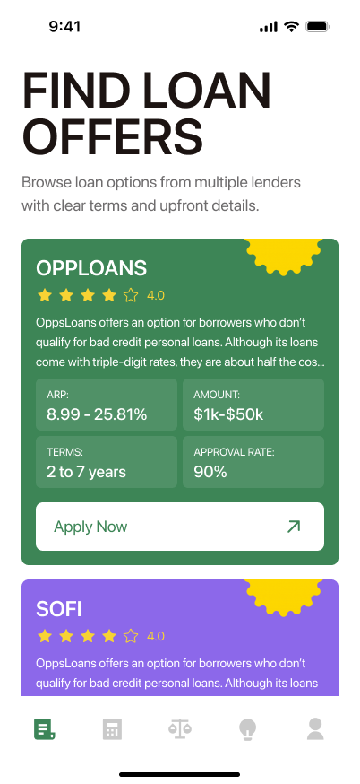 Loan Offers & APR Compare app preview showing APR comparison